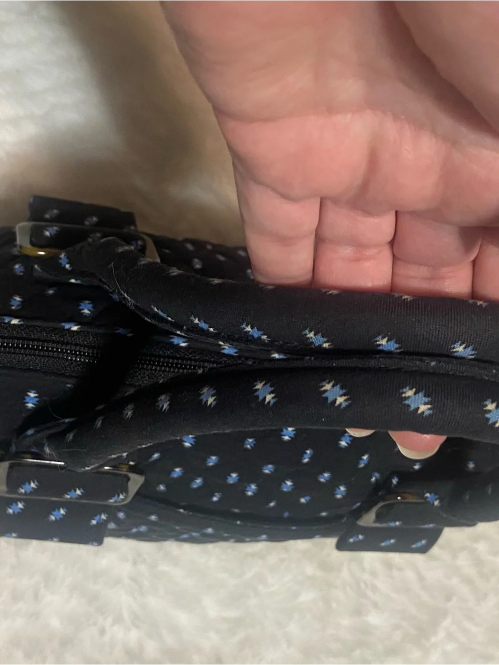 Vintage Vera Bradley Navy Quilted Mini Satchel with Light Blue Dot Print